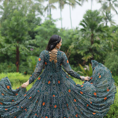 Green Elegant Bandhani Print Gown with Kutchi Patchwork in Faux Georgette