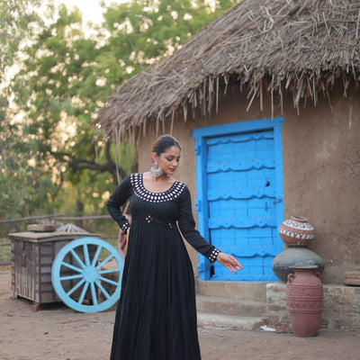 Black Stunning Gown in 14 Kg Rayon with Real Mirror Work