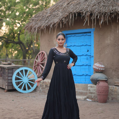 Black Stunning Gown in 14 Kg Rayon with Real Mirror Work