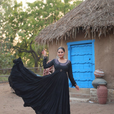 Black Stunning Gown in 14 Kg Rayon with Real Mirror Work