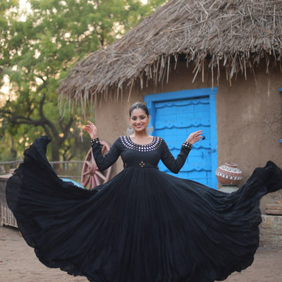 Black Stunning Gown in 14 Kg Rayon with Real Mirror Work
