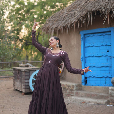 Brown Stunning Gown in 14 Kg Rayon with Real Mirror Work