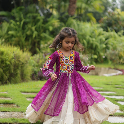 Purple & White Elegant Lehenga and Kurti Combo for Adults & Kids - Full-Stitched Set