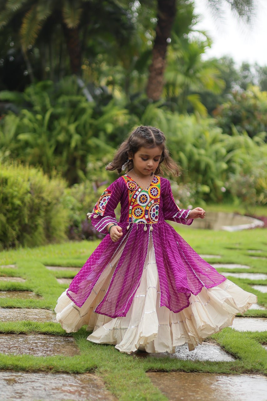 Purple & White Elegant Lehenga and Kurti Combo for Adults & Kids - Full-Stitched Set