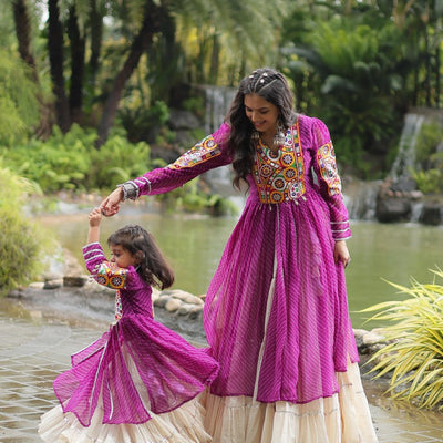 Purple & White Elegant Lehenga and Kurti Combo for Adults & Kids - Full-Stitched Set