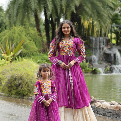 Purple & White Elegant Lehenga and Kurti Combo for Adults & Kids - Full-Stitched Set