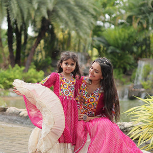 Magenta Elegant Lehenga and Kurti Combo for Adults & Kids - Full-Stitched Set