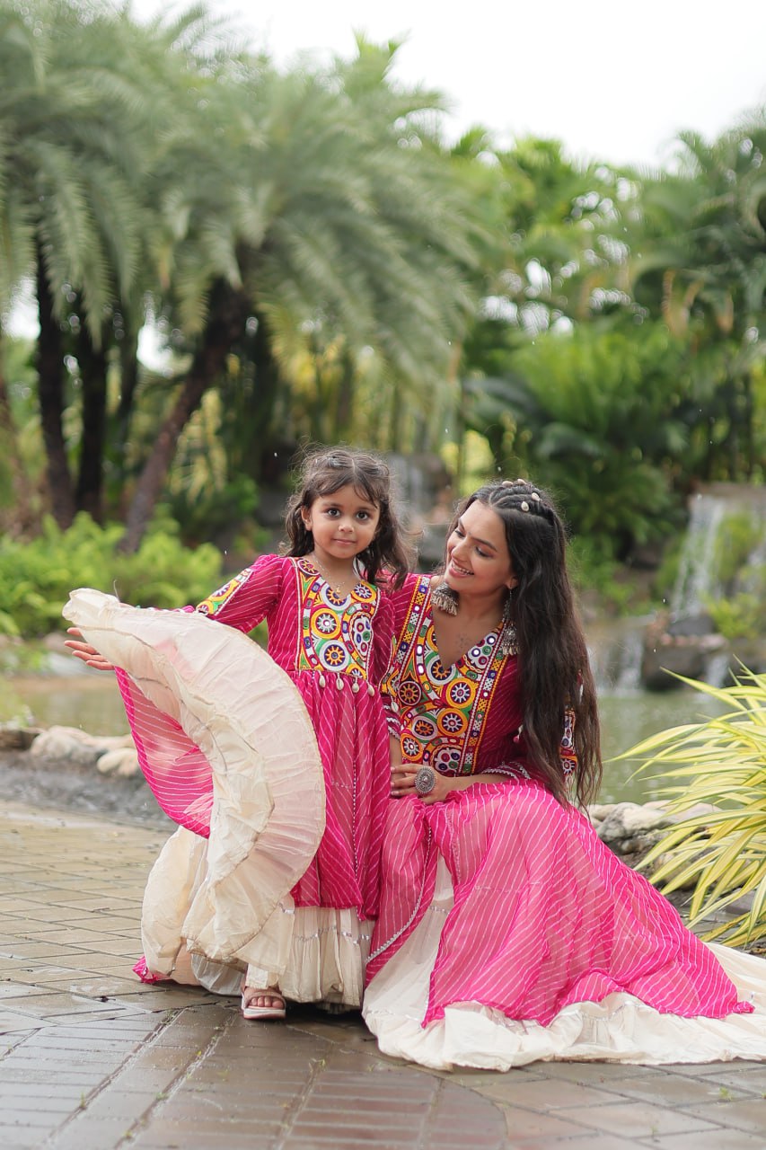 Magenta Elegant Lehenga and Kurti Combo for Adults & Kids - Full-Stitched Set