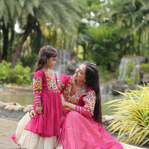 Magenta Elegant Lehenga and Kurti Combo for Adults & Kids - Full-Stitched Set