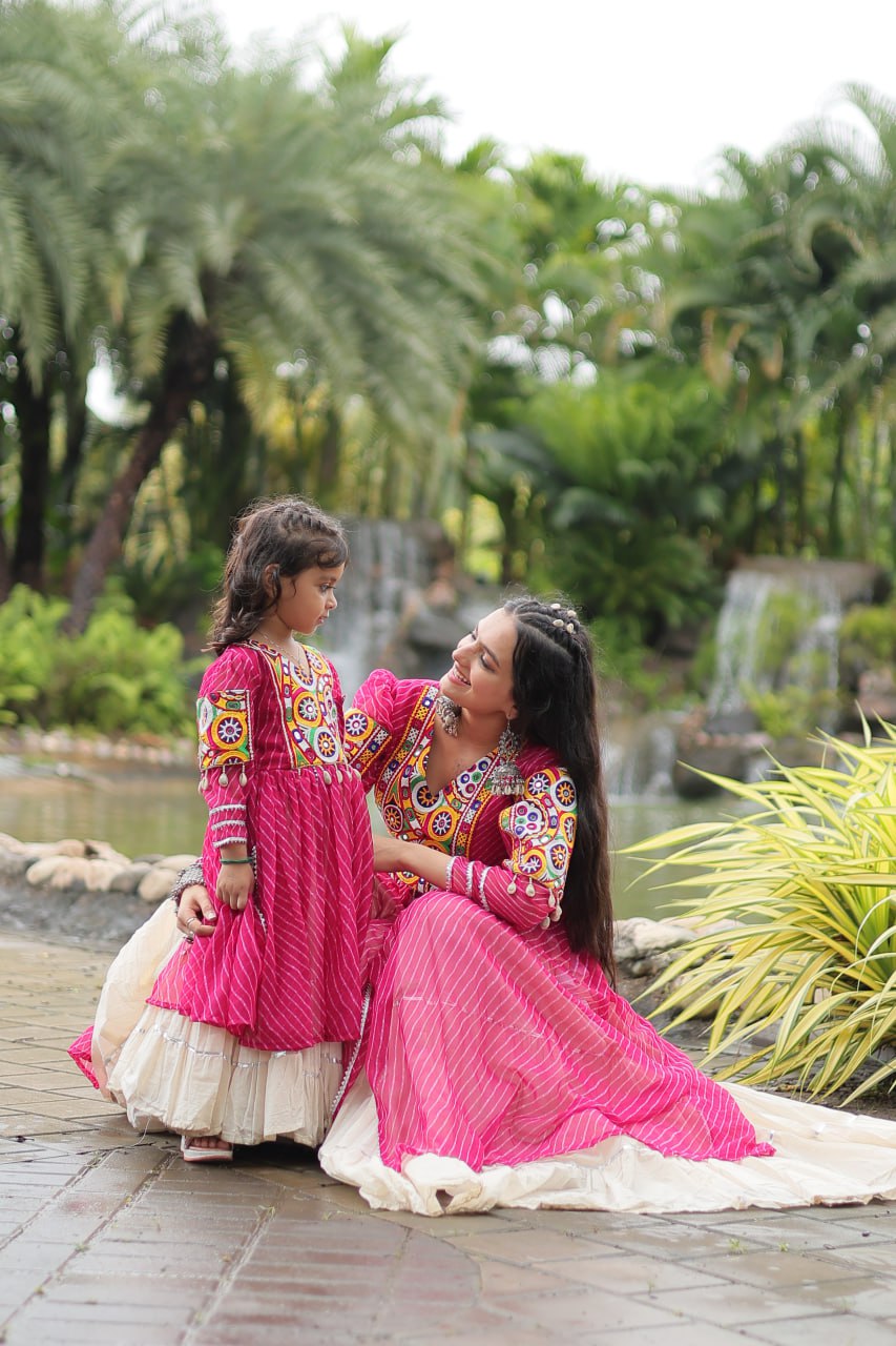 Magenta Elegant Lehenga and Kurti Combo for Adults & Kids - Full-Stitched Set