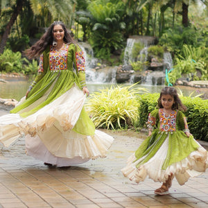 Green Elegant Lehenga and Kurti Combo for Adults & Kids - Full-Stitched Set