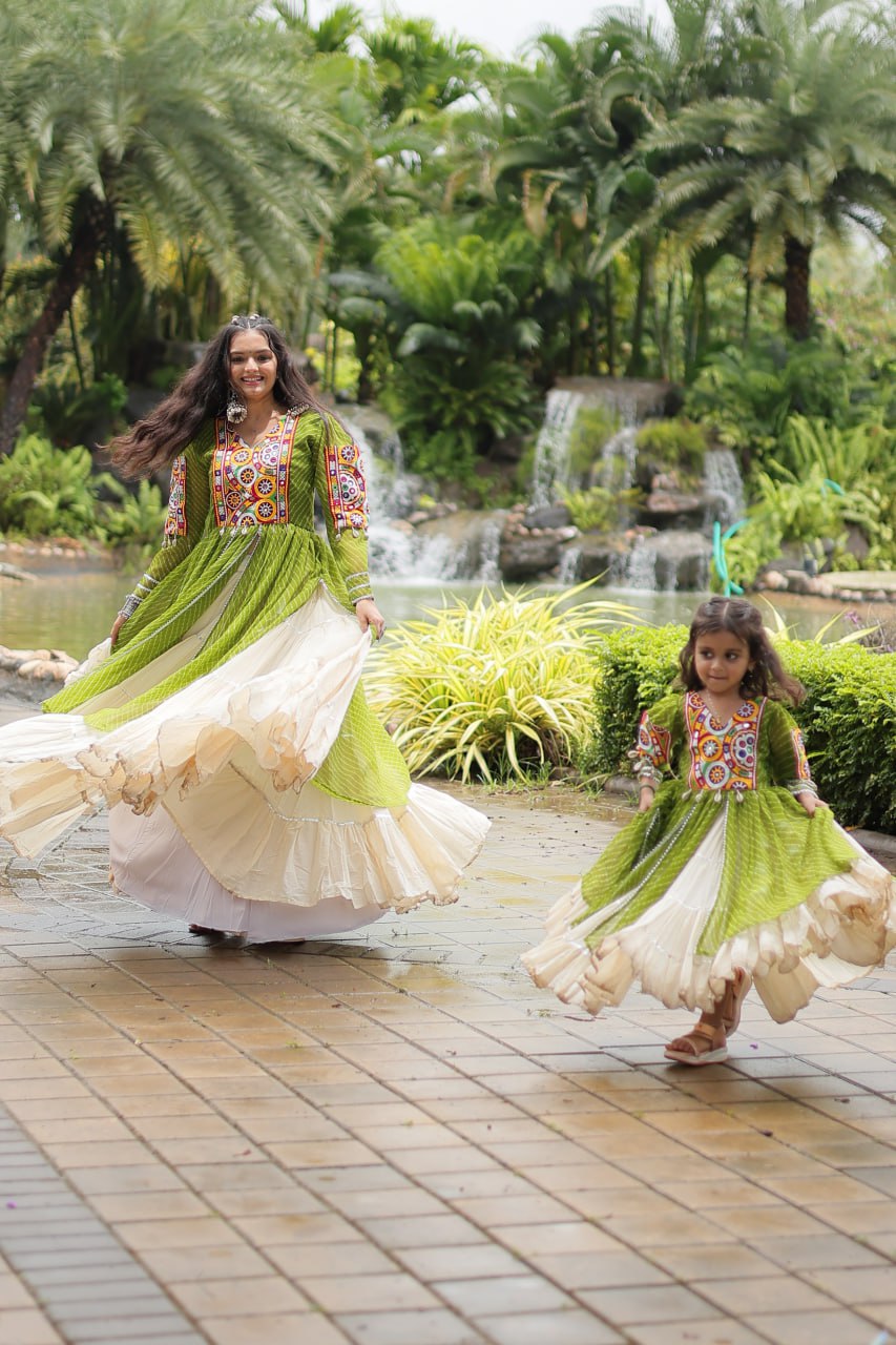 Green Elegant Lehenga and Kurti Combo for Adults & Kids - Full-Stitched Set
