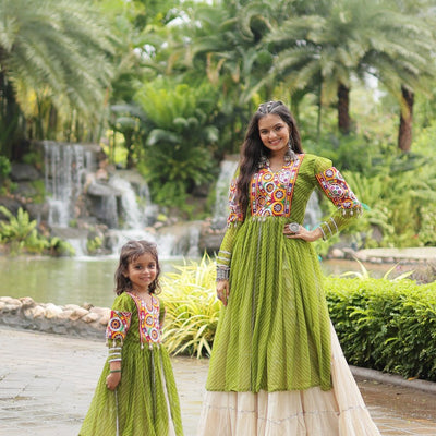Green Elegant Lehenga and Kurti Combo for Adults & Kids - Full-Stitched Set