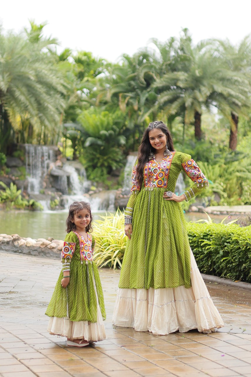 Green Elegant Lehenga and Kurti Combo for Adults & Kids - Full-Stitched Set
