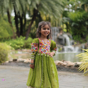 Green Elegant Lehenga and Kurti Combo for Adults & Kids - Full-Stitched Set