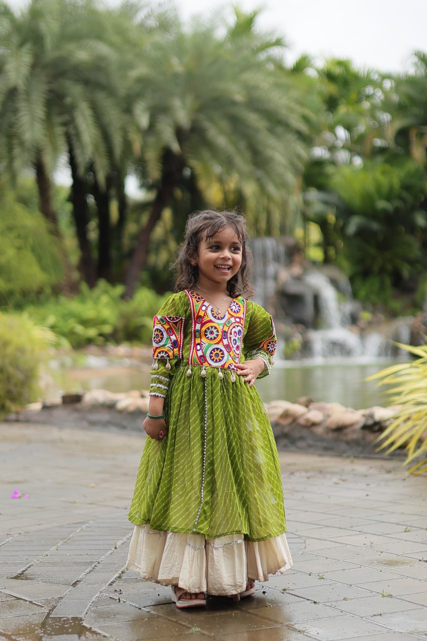 Green Elegant Lehenga and Kurti Combo for Adults & Kids - Full-Stitched Set