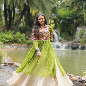 Green Elegant Lehenga and Kurti Combo for Adults & Kids - Full-Stitched Set