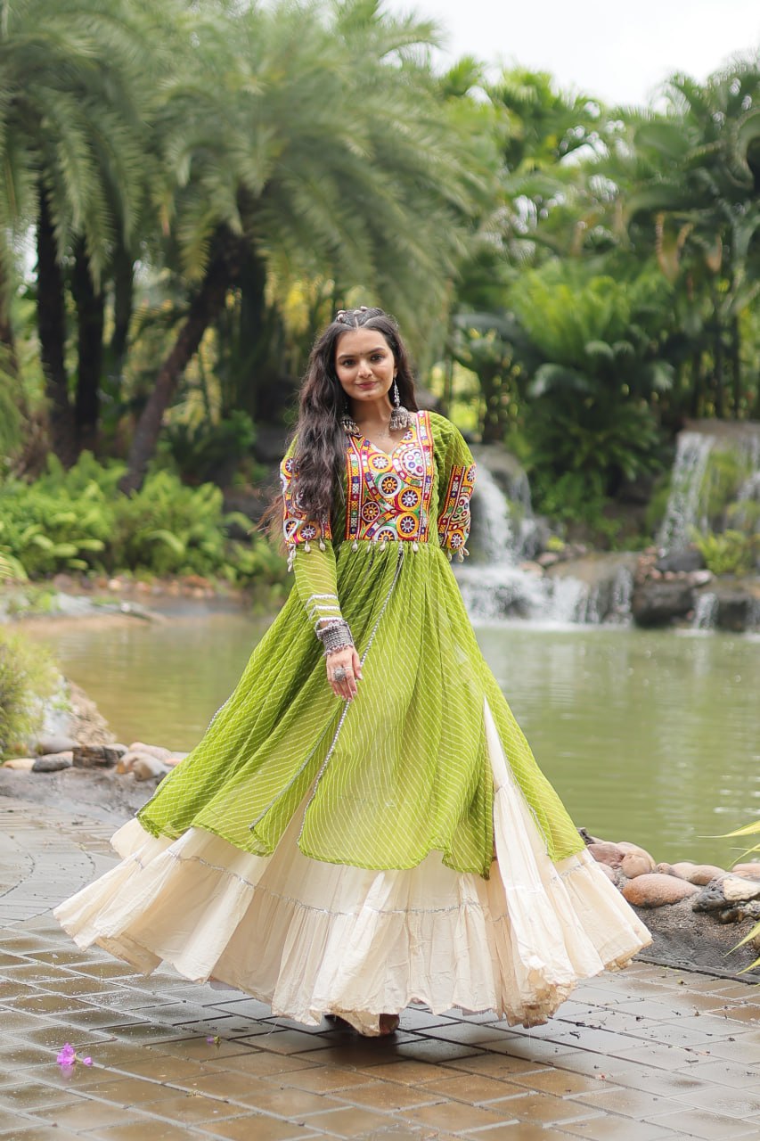 Green Elegant Lehenga and Kurti Combo for Adults & Kids - Full-Stitched Set