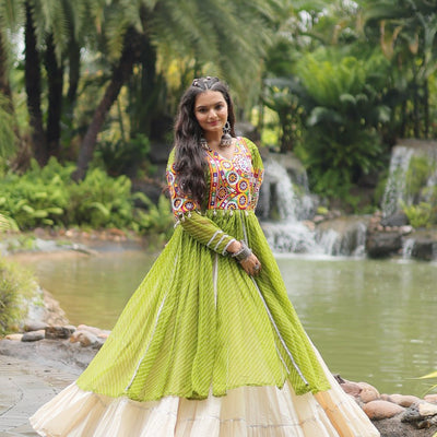 Green Elegant Lehenga and Kurti Combo for Adults & Kids - Full-Stitched Set