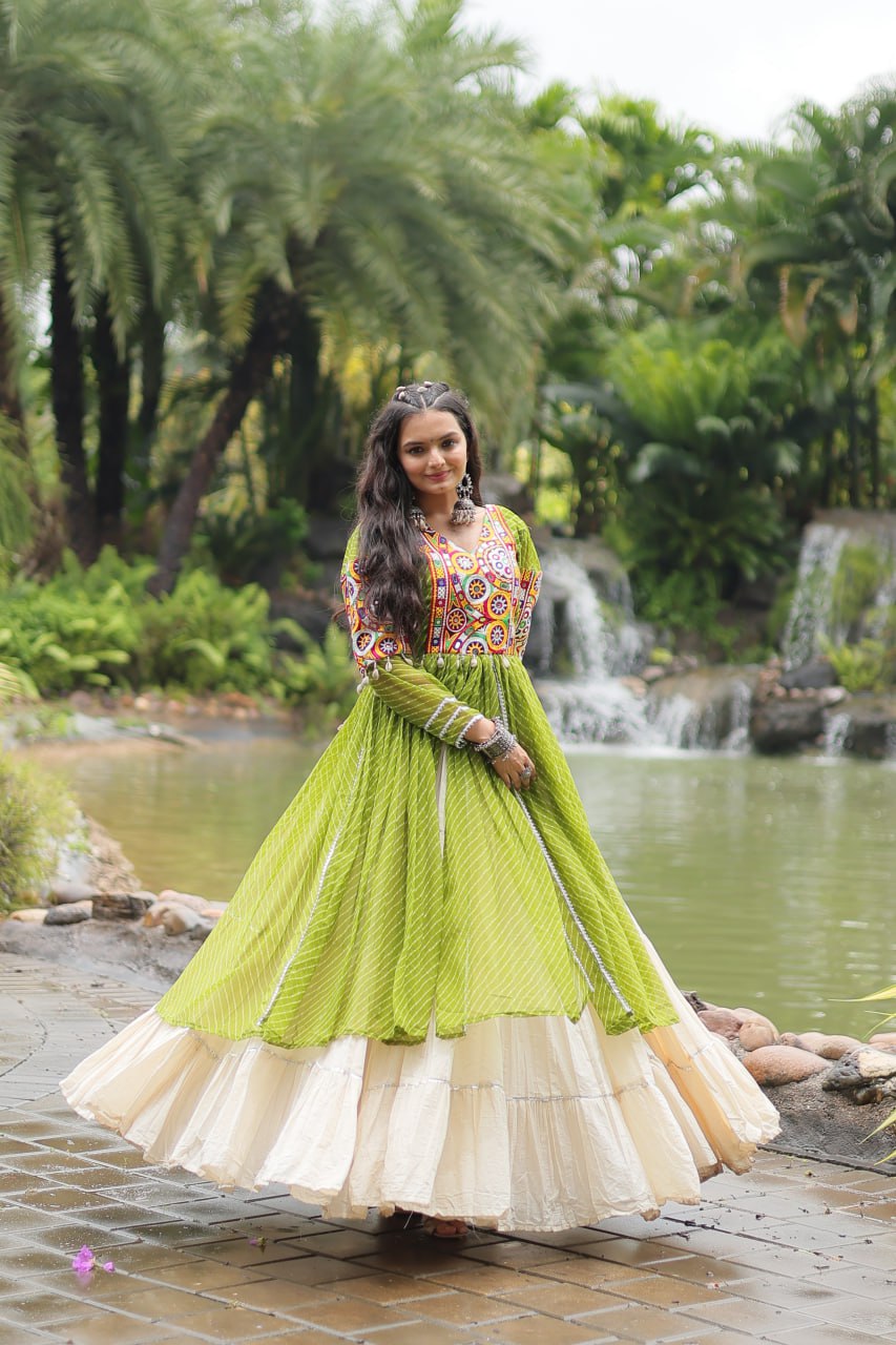 Green Elegant Lehenga and Kurti Combo for Adults & Kids - Full-Stitched Set
