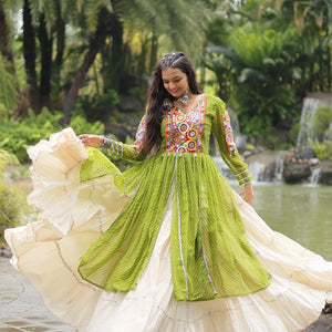 Green Elegant Lehenga and Kurti Combo for Adults & Kids - Full-Stitched Set