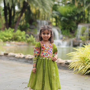 Green Elegant Lehenga and Kurti Combo for Adults & Kids - Full-Stitched Set