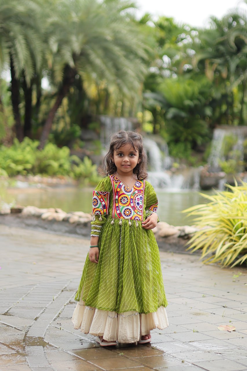 Green Elegant Lehenga and Kurti Combo for Adults & Kids - Full-Stitched Set