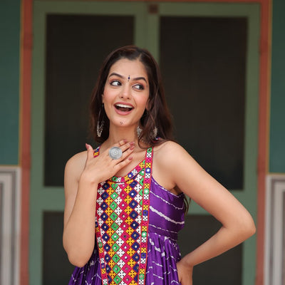 Purple Graceful Leheriya Print Gown with Kutchi Patchwork