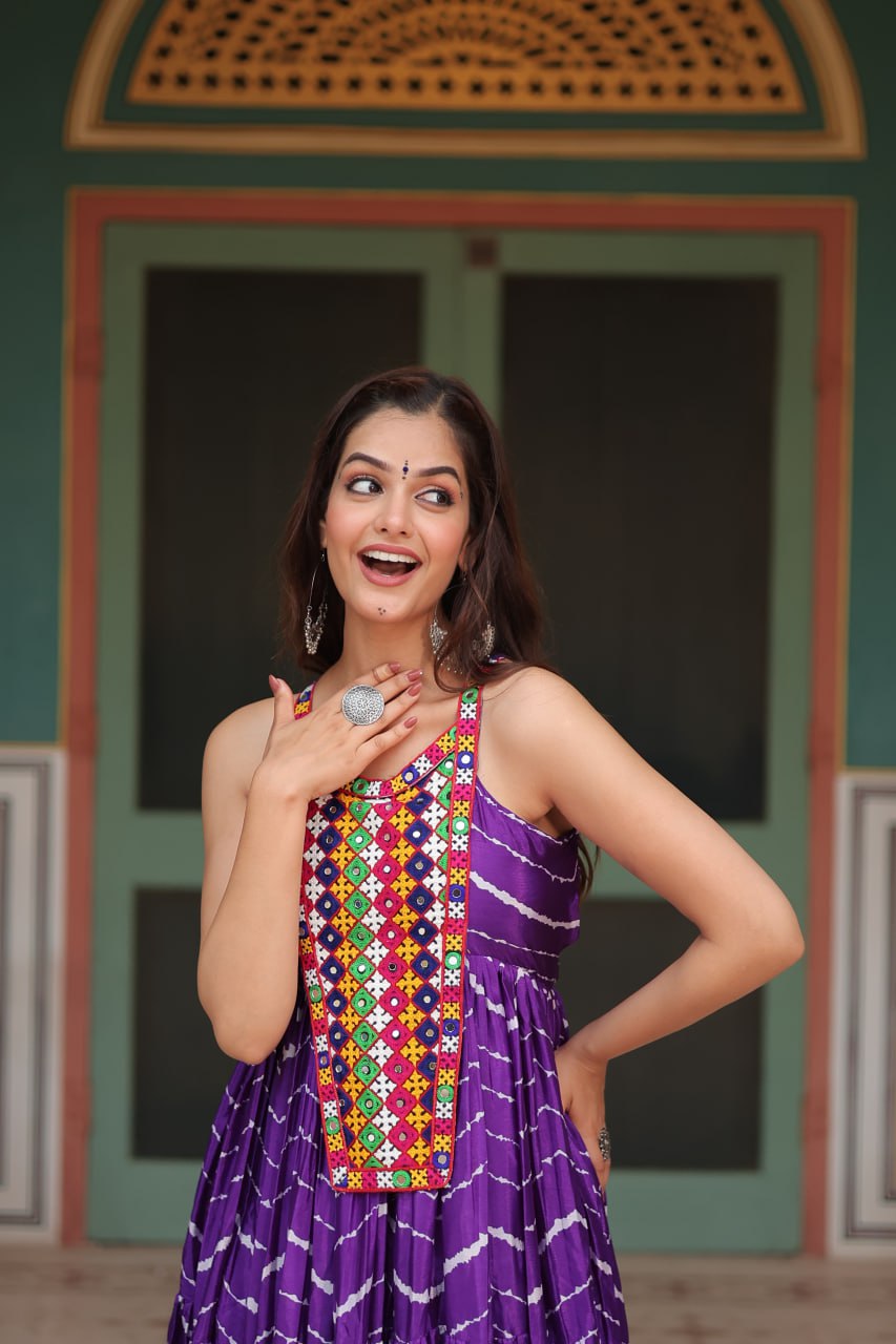 Purple Graceful Leheriya Print Gown with Kutchi Patchwork