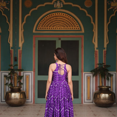 Purple Graceful Leheriya Print Gown with Kutchi Patchwork