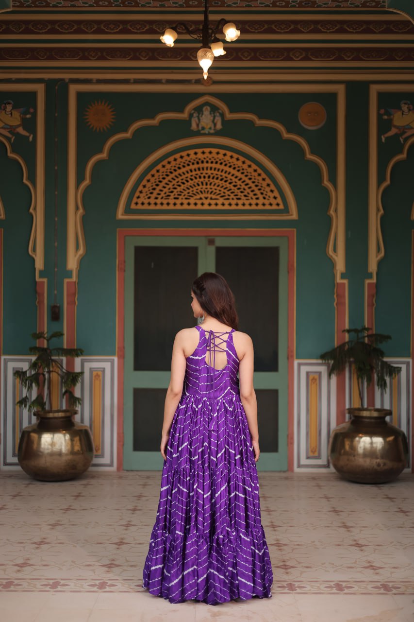 Purple Graceful Leheriya Print Gown with Kutchi Patchwork