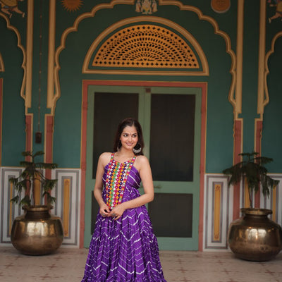 Purple Graceful Leheriya Print Gown with Kutchi Patchwork