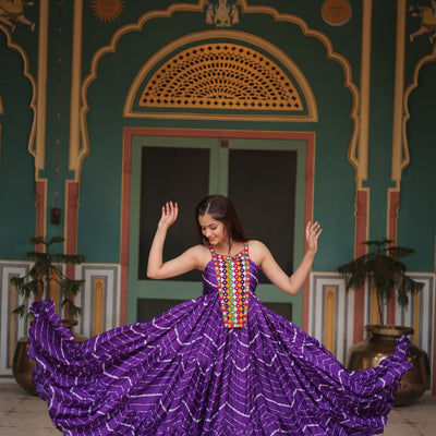 Purple Graceful Leheriya Print Gown with Kutchi Patchwork