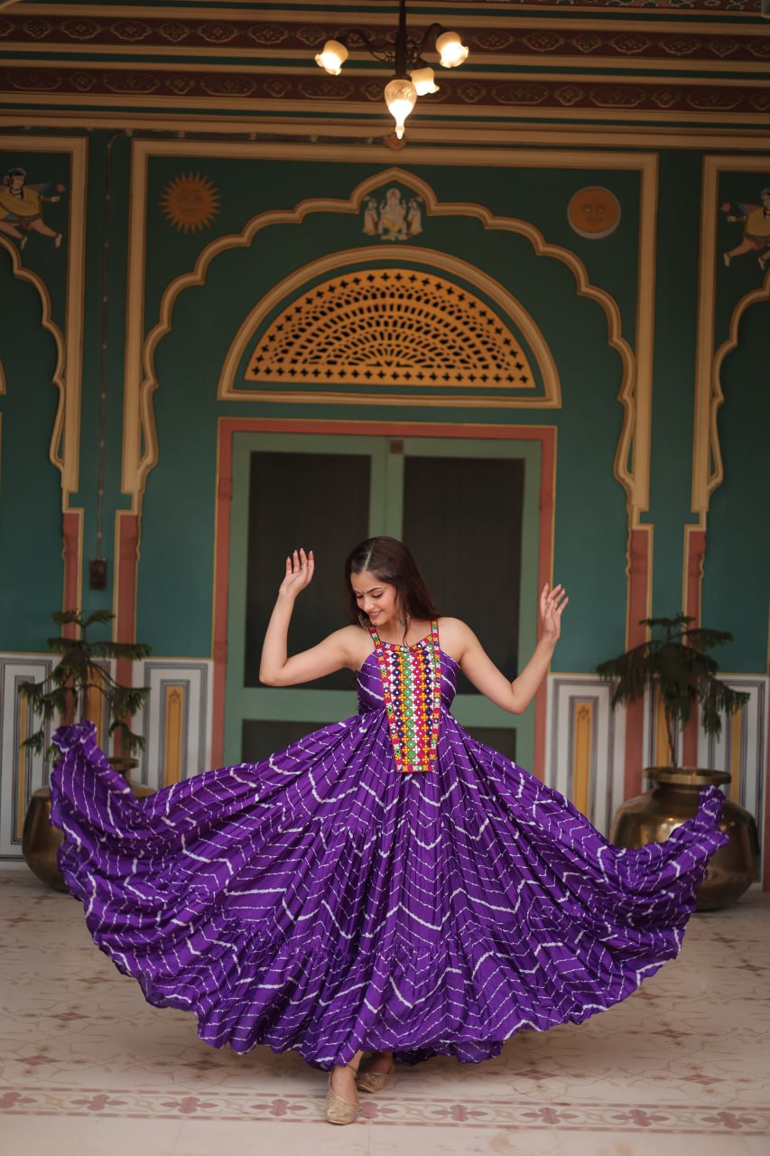 Purple Graceful Leheriya Print Gown with Kutchi Patchwork