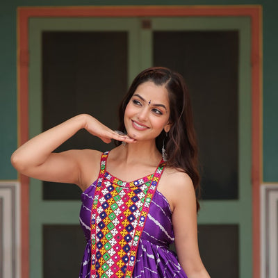 Purple Graceful Leheriya Print Gown with Kutchi Patchwork