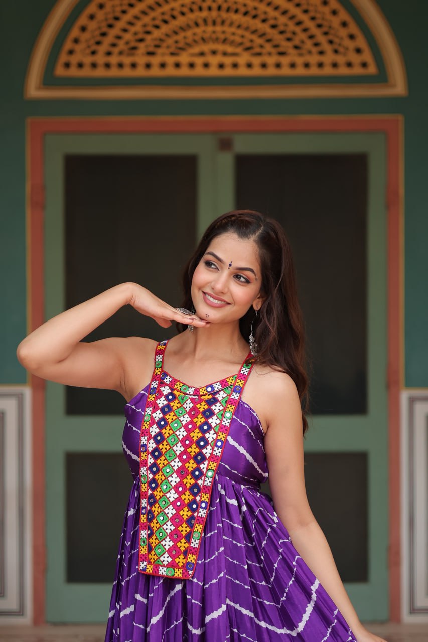 Purple Graceful Leheriya Print Gown with Kutchi Patchwork