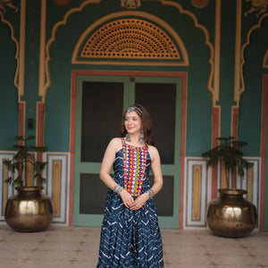 Navy Blue Graceful Leheriya Print Gown with Kutchi Patchwork