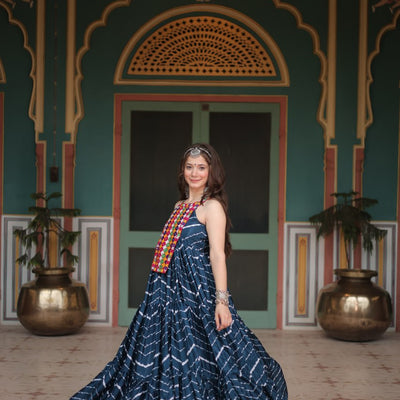 Navy Blue Graceful Leheriya Print Gown with Kutchi Patchwork