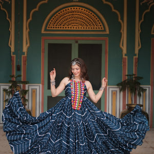 Navy Blue Graceful Leheriya Print Gown with Kutchi Patchwork