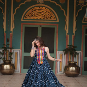 Navy Blue Graceful Leheriya Print Gown with Kutchi Patchwork
