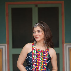 Navy Blue Graceful Leheriya Print Gown with Kutchi Patchwork