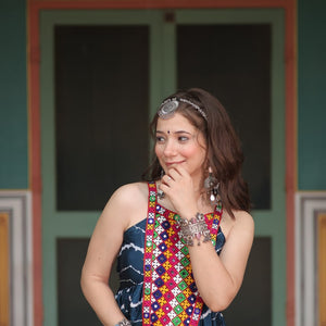 Navy Blue Graceful Leheriya Print Gown with Kutchi Patchwork