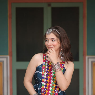 Navy Blue Graceful Leheriya Print Gown with Kutchi Patchwork