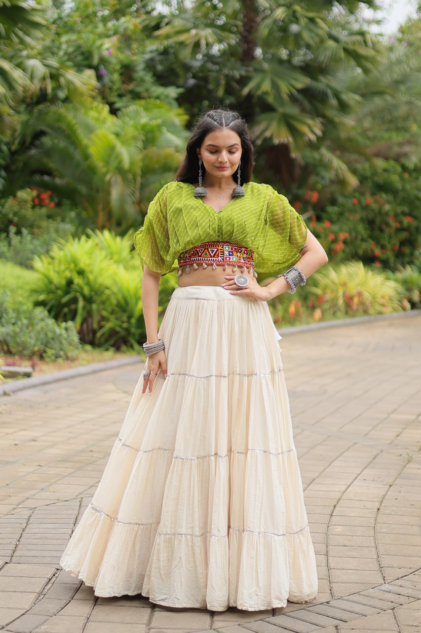 Green Elegant Lehenga with Leheriya Print Blouse