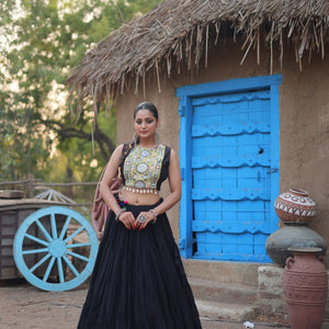 Black Traditional Reyon Lehenga Set with Embroidered Blouse and Koti