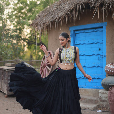 Black Traditional Reyon Lehenga Set with Embroidered Blouse and Koti