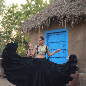 Black Traditional Reyon Lehenga Set with Embroidered Blouse and Koti