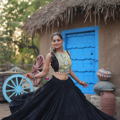 Black Traditional Reyon Lehenga Set with Embroidered Blouse and Koti