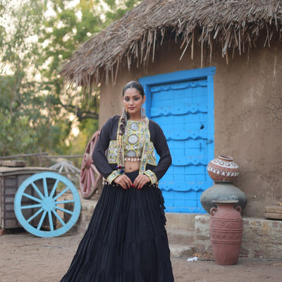 Black Traditional Reyon Lehenga Set with Embroidered Blouse and Koti