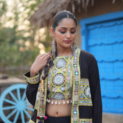 Black Traditional Reyon Lehenga Set with Embroidered Blouse and Koti